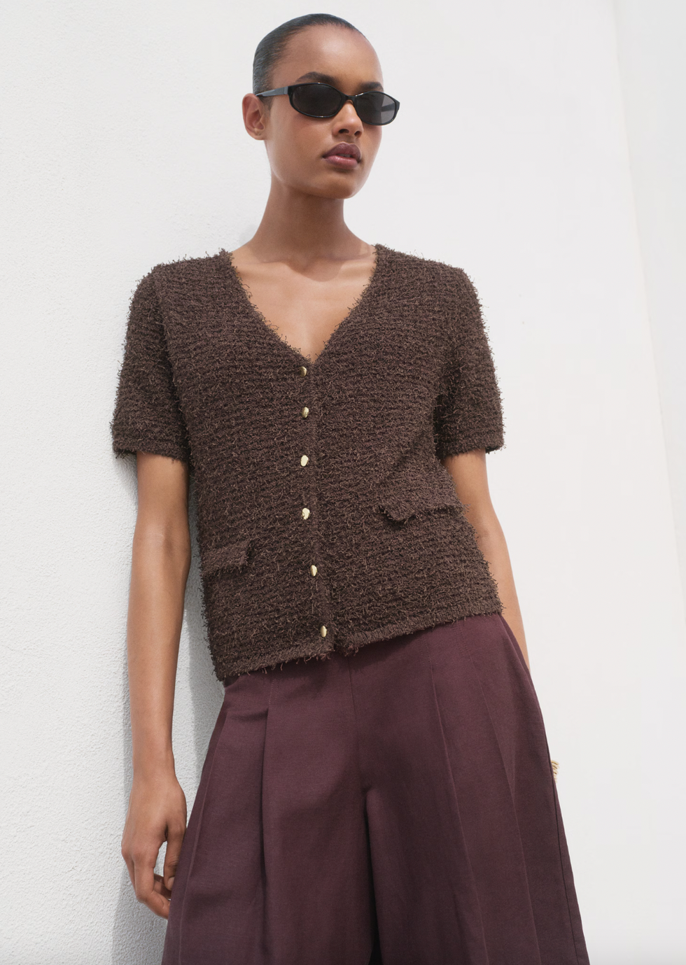 Short-sleeved bouclé cardigan