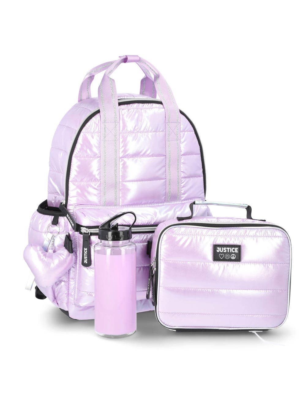 Girls 17" Shimmer Quilted Backpack, Lunch Bag, Water Bottle, and Charm Set