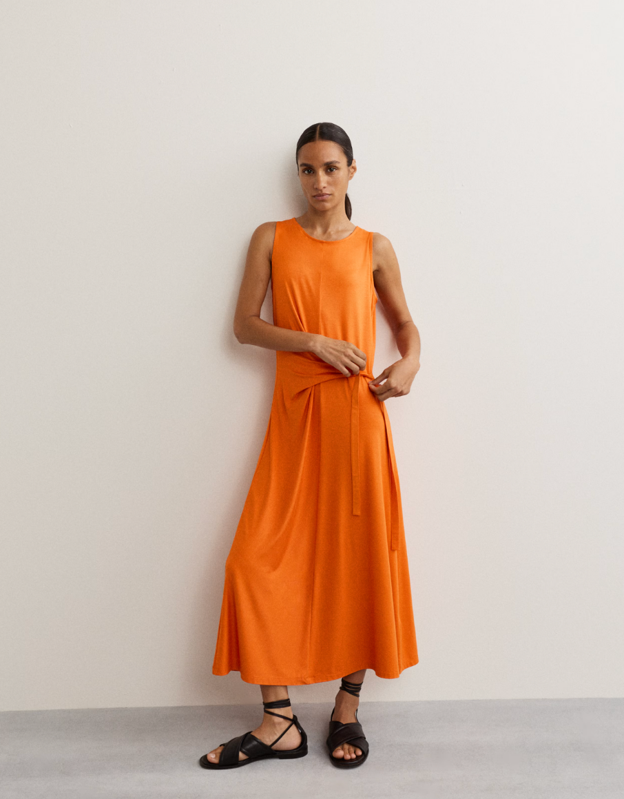 Jersey Tie Waist Midi Waisted Dress