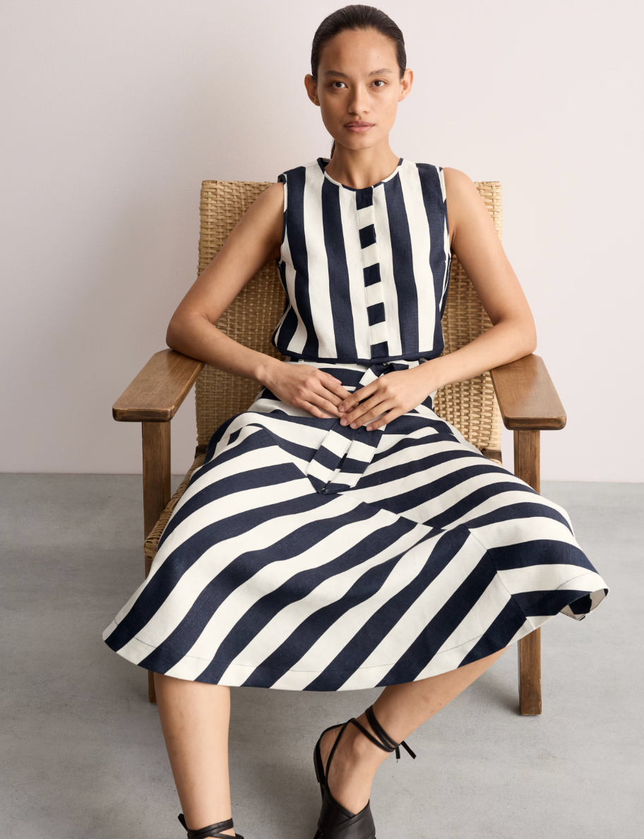 Pure Linen Striped Midi A-Line Skirt
