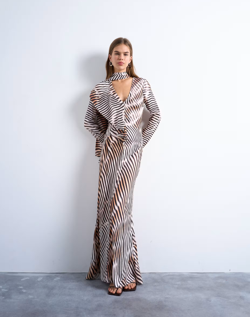 Long Sleeve Ruffle Maxi Dress with Scarf Wrap Detail