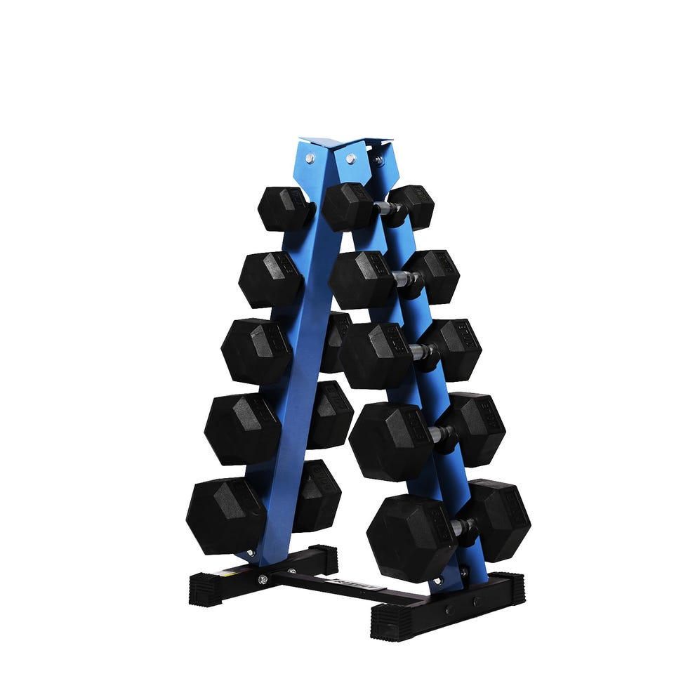 300-lb rubberen hex-halterset met gewichtenrek