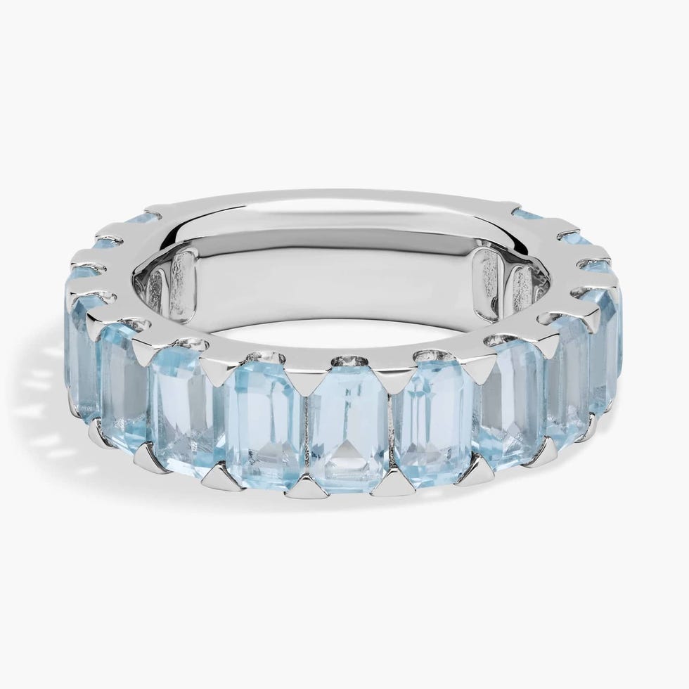 Achthoekige hemelsblauwe topaasband in sterlingzilver