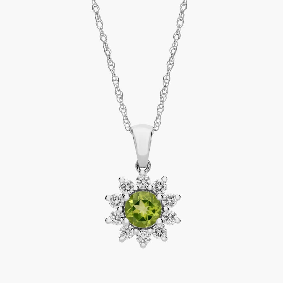 Ronde peridot en diamanten halo hanger ketting in 14k witgoud