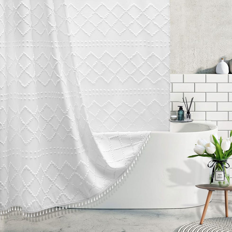 Cortina de Ducha de Tela Tejida Blanca Bohemia con borlas, 72 x 72 Pulgadas, Moderna casa de Campo, Minimalista, Rayas cheurón copetudo, Textura desgastada, Cortina de Tela Resistente al Agua para