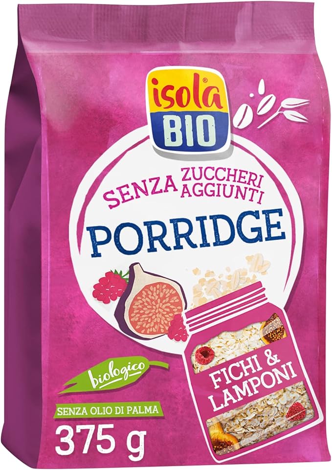 Isola Bio Porridge Biologico Fichi e Lamponi, Senza Zuccheri Aggiunti, Ricco di Fibre e Proteine, 100% Ingredienti Naturali, per Vegani e Vegetariani, 375 gr
