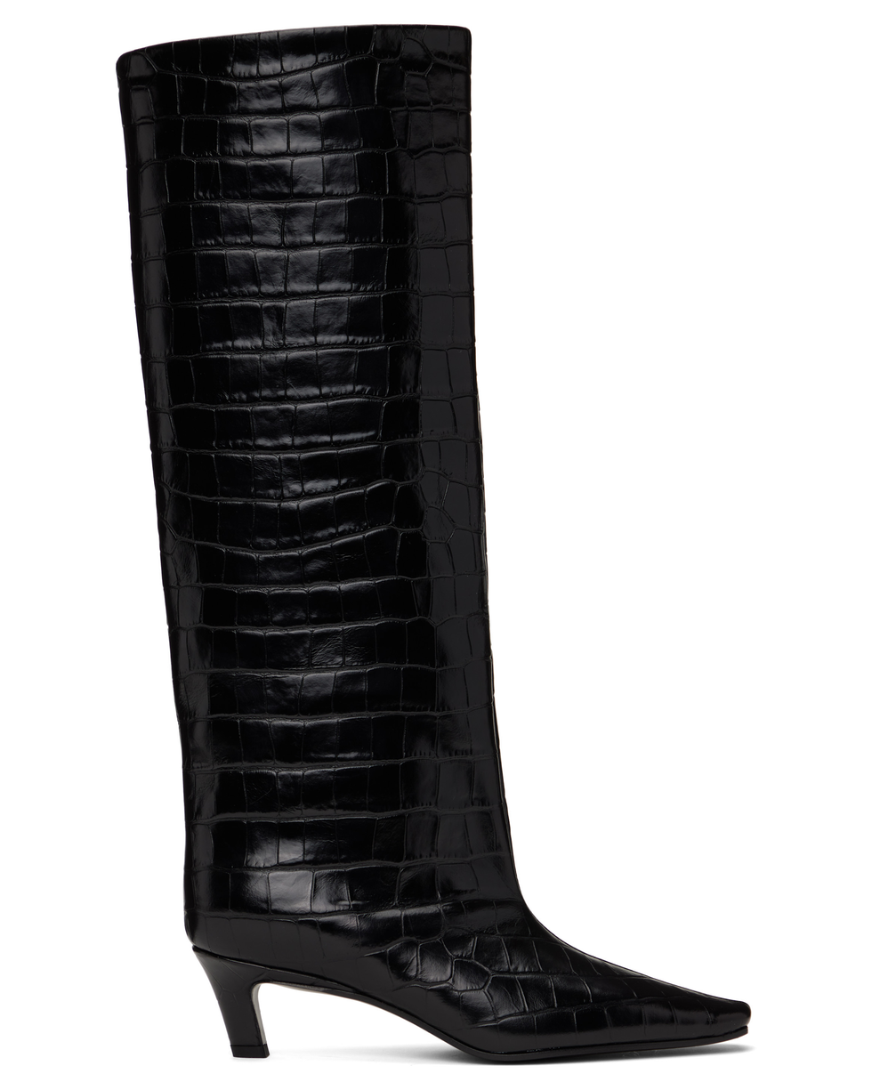 Hohe Stiefel mit weitem Schaft und Krokoprägung