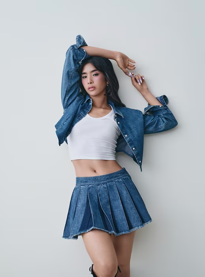Sophia's Pleated Denim Mini Skirt