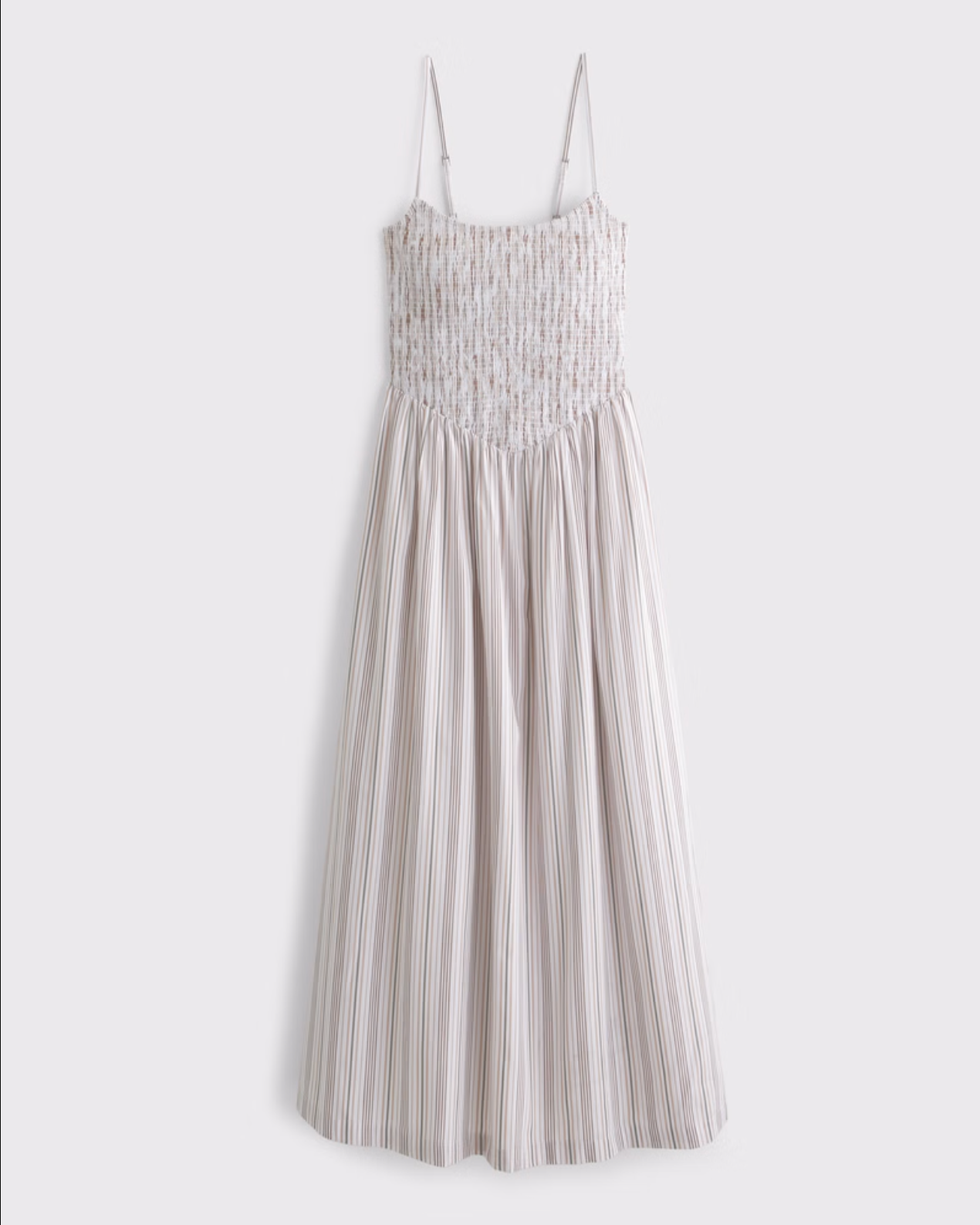 Dipped-Waist Smocked Midi Dress