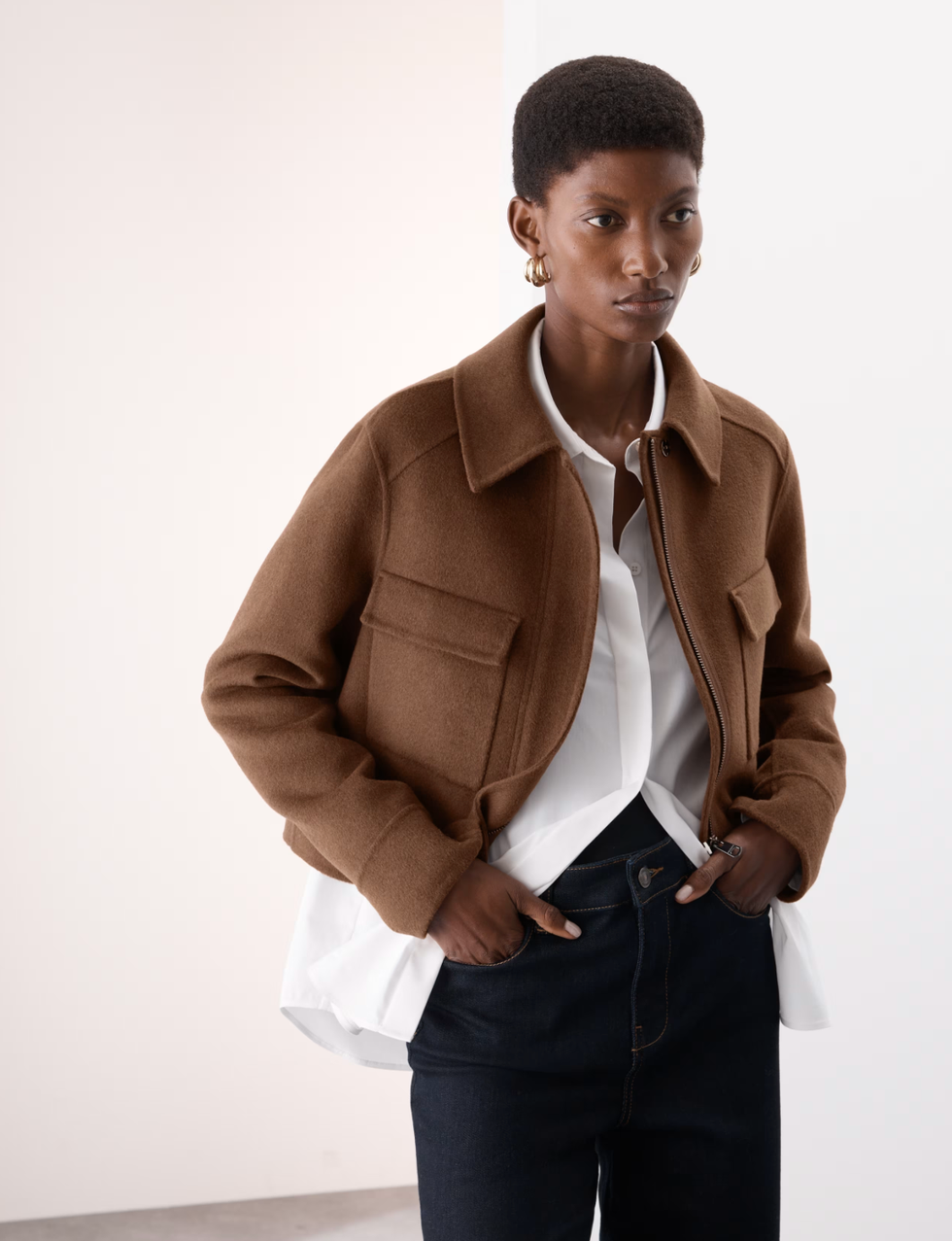 The Brown Jacket: Wool Blend Collared Cropped Utility Jacket