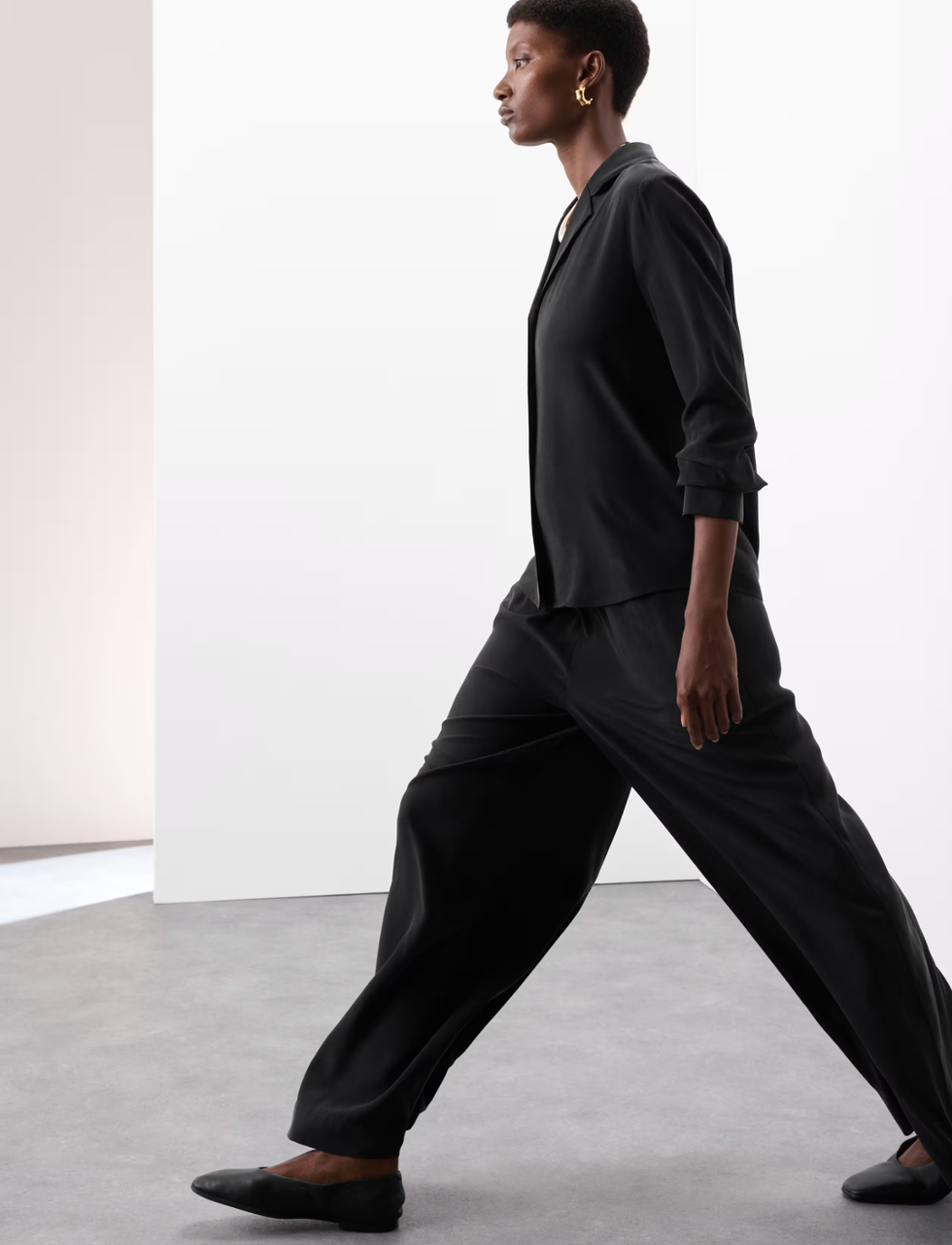 The Black Trousers: Silk Pull On Wide Leg Trousers