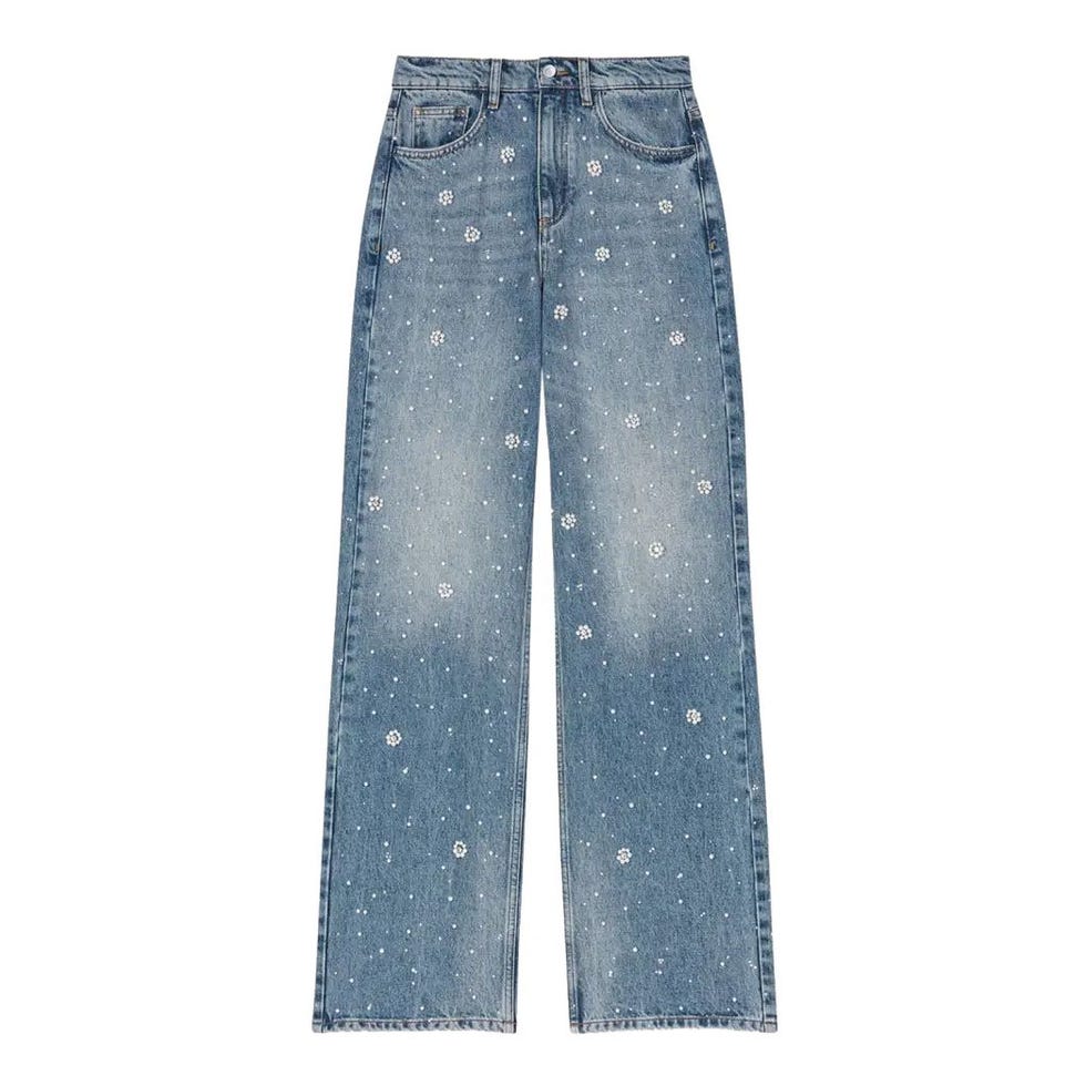 Embellished High Rise Wide Leg Jeans