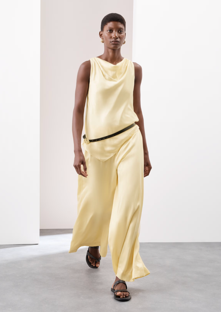 The Butter Yellow Top: Cupro Rich Cowl Neck Asymmetric Draped Top