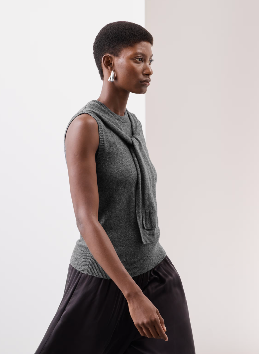 The Tie Neck Knit: Merino Wool Rich Tie Front Vest