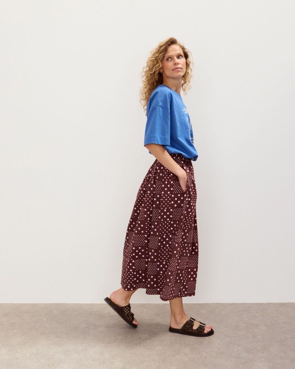 Chocolate Brown & Pink Polka Dot Midi Skirt