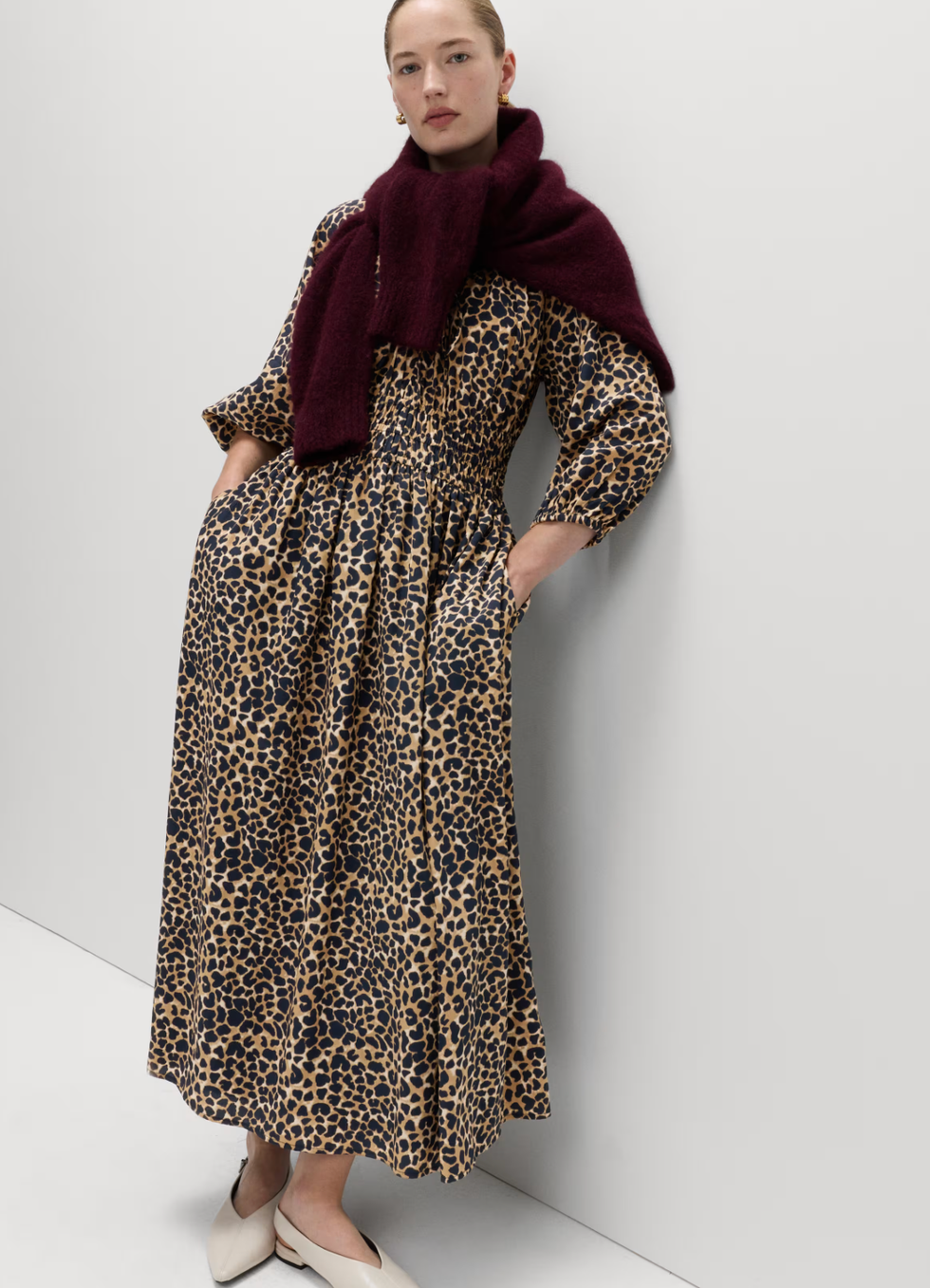 Animal Print V-Neck Ruched Midi Waisted Dress