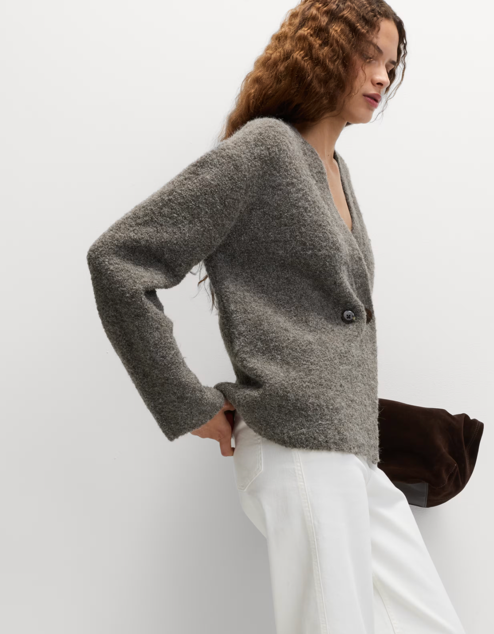 Bouclé V-Neck Button Front Cardigan with Wool