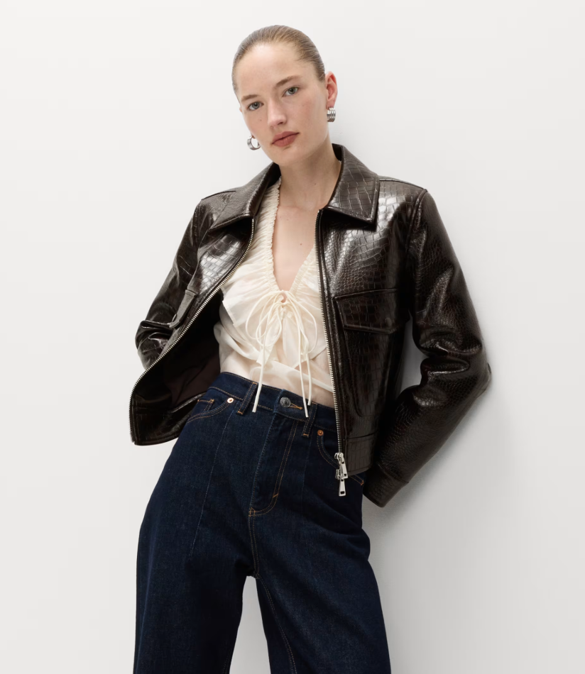 Faux Leather Croc Harrington Jacket