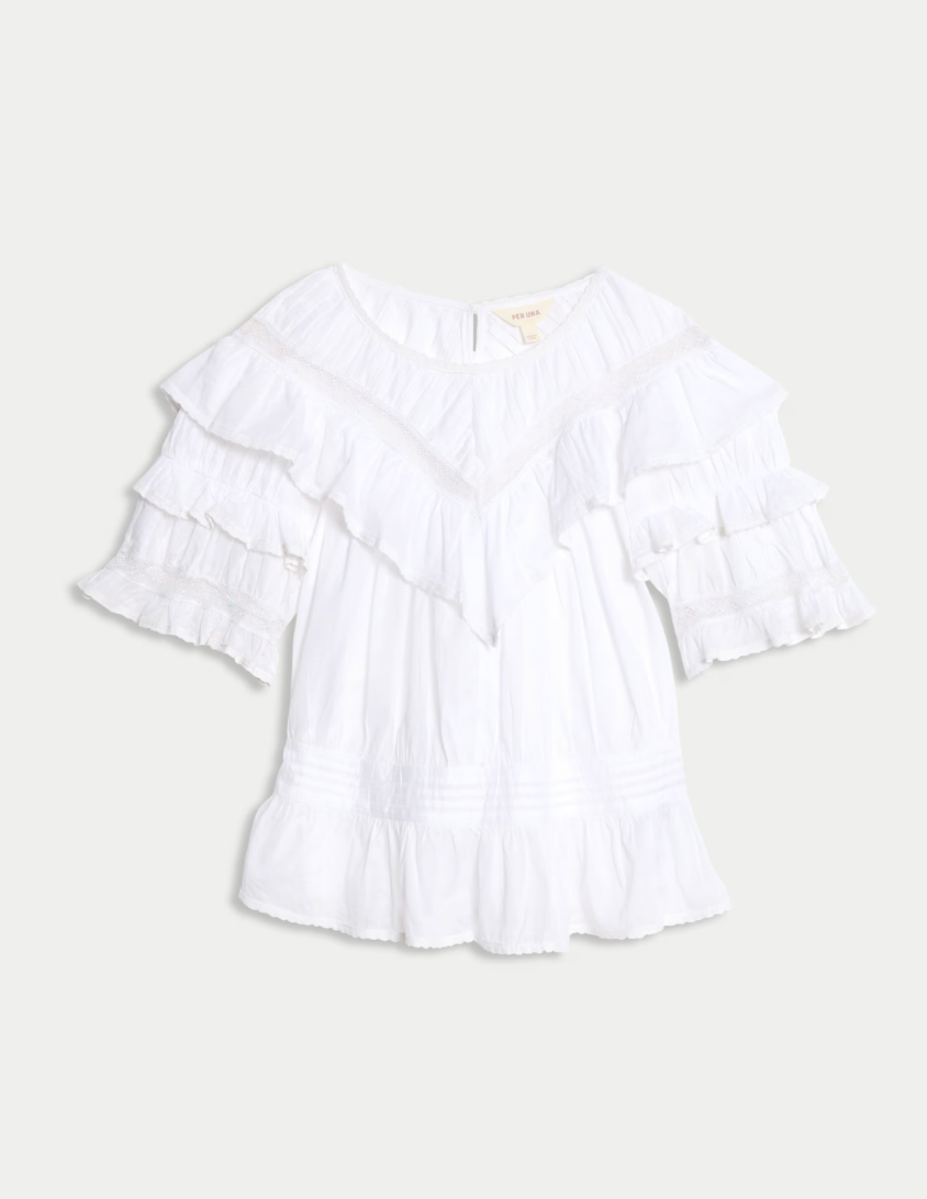 Pure Cotton Round Neck Ruffle Blouse