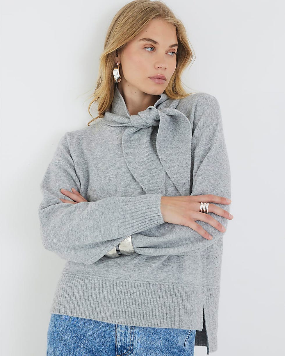 Grey Knitted Neck Tie Jumper