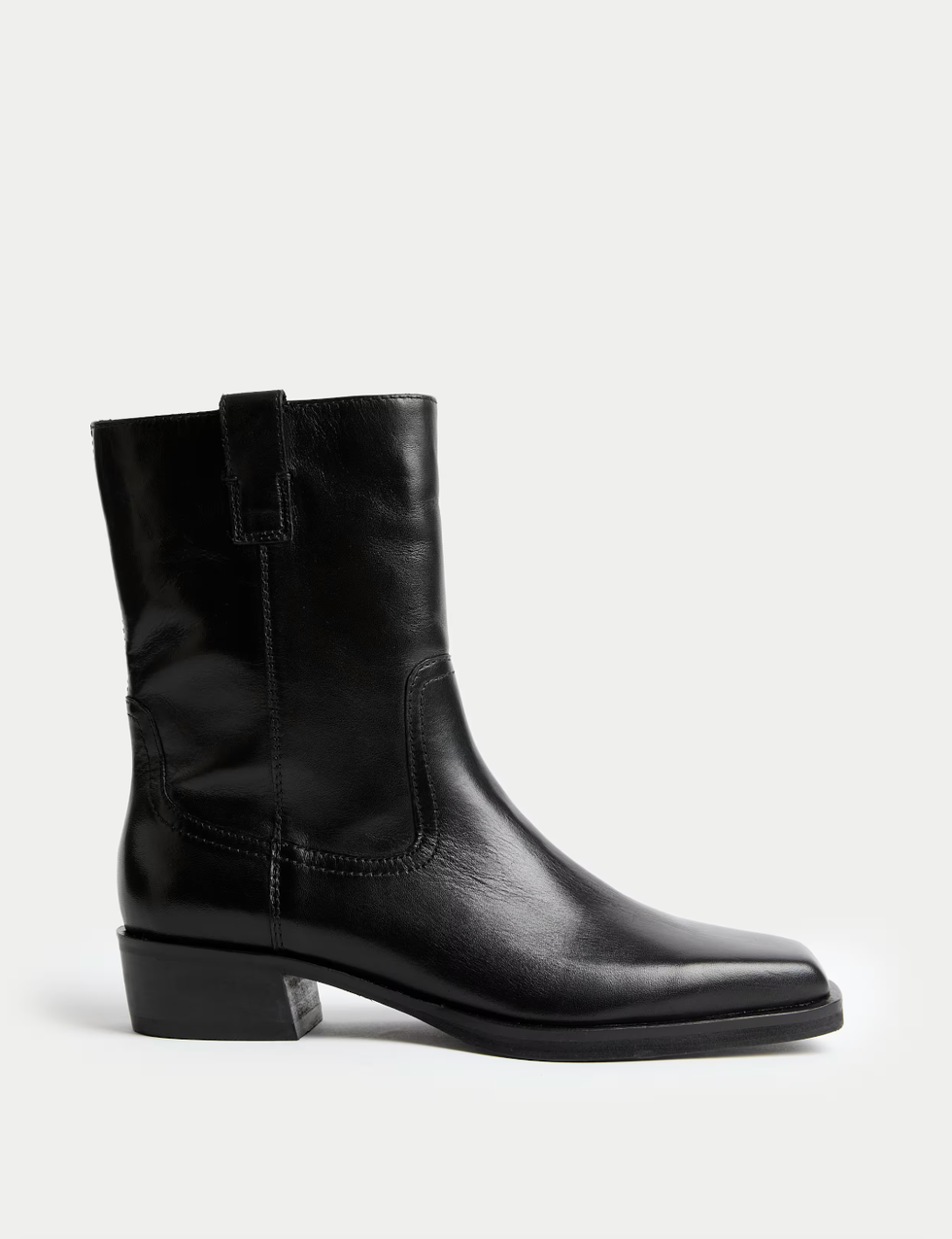 Leather Block Heel Chisel Toe Ankle Boots
