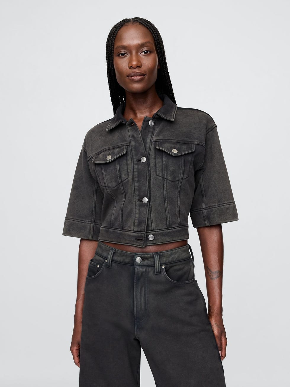 Black Heavyweight French Terry Denim Cropped Jacket