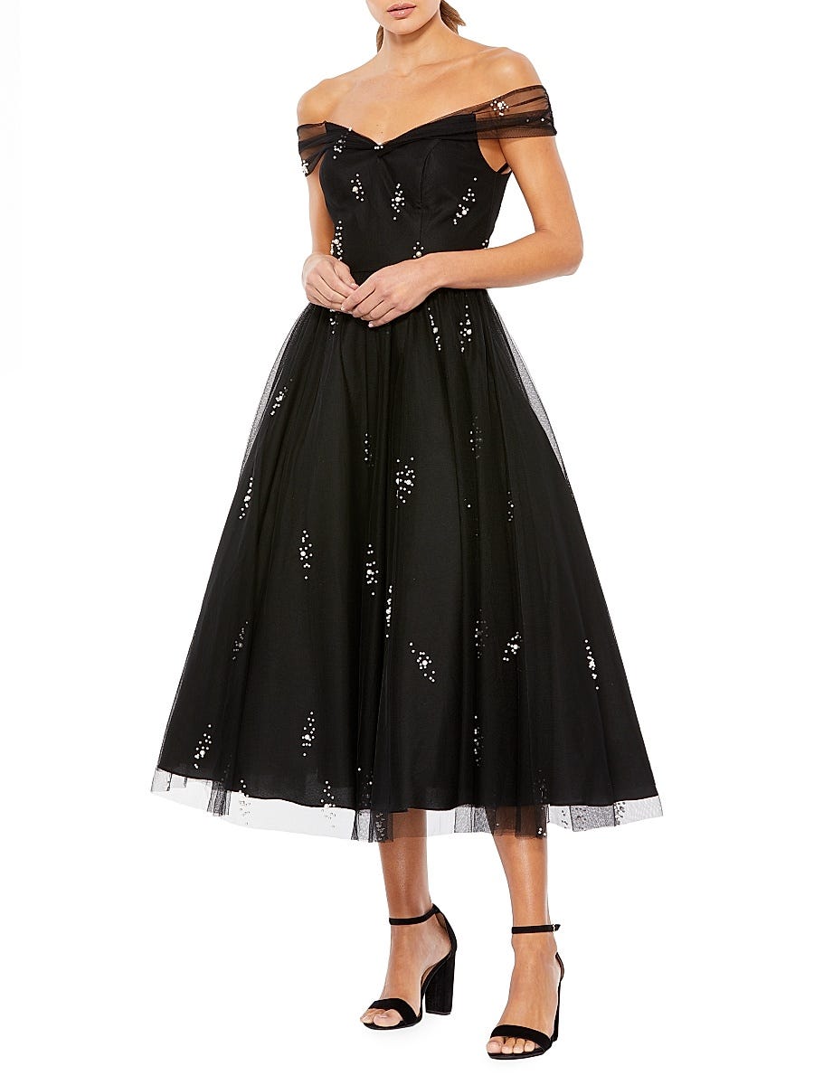 Embellished Off-The-Shoulder Midi-Dress