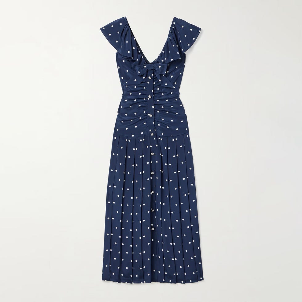 Pleated Gathered Polka-Dot Silk Crepe de Chine Midi Dress