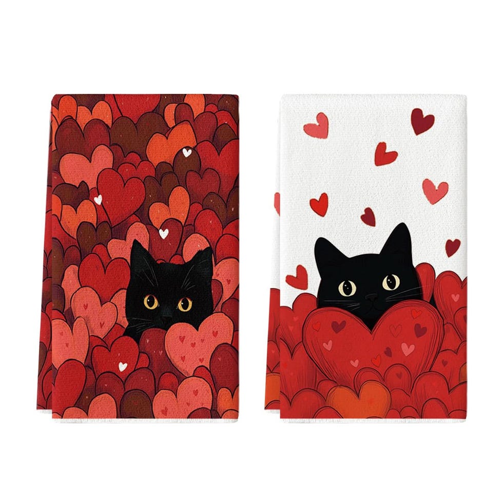 Set of 2 Black Cats Red Hearts Valentine's Day Kitchen Towels