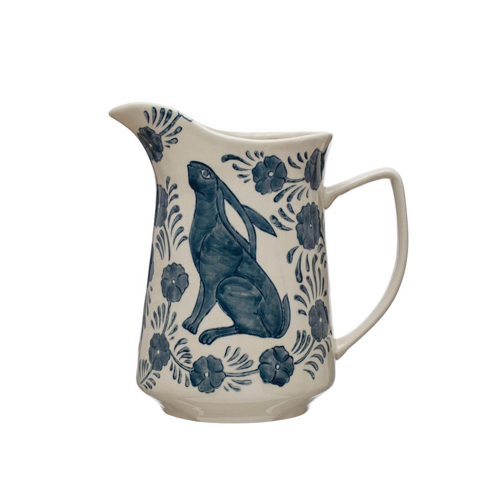 Stoneware Painted Rabbit and Florals, Blue and Cream Pitcher