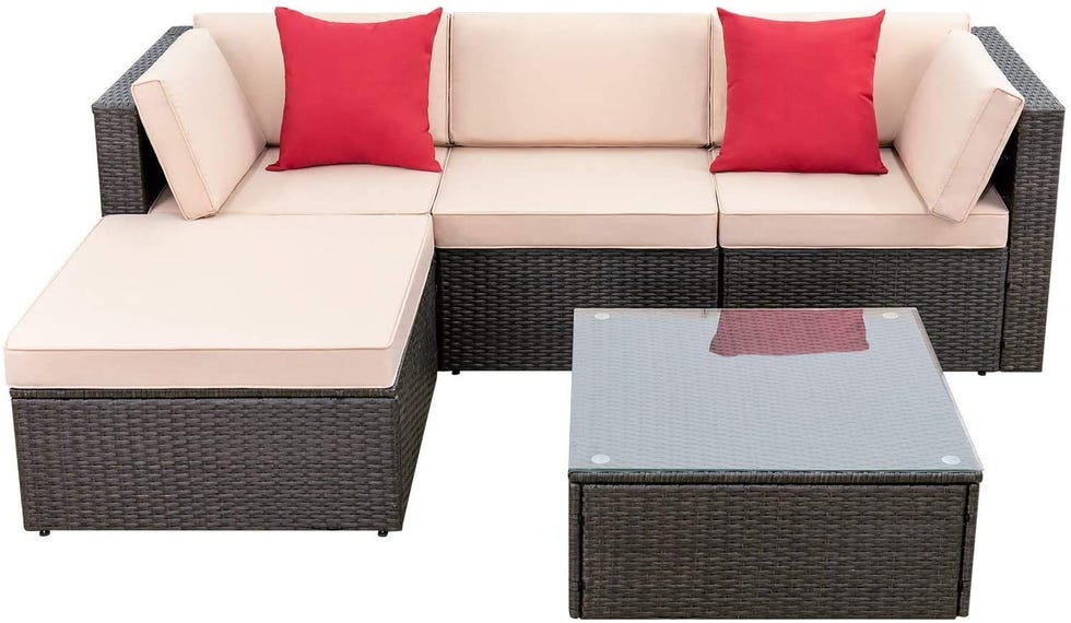 Outdoor Sectional Sofa with Cushion and Glass Table