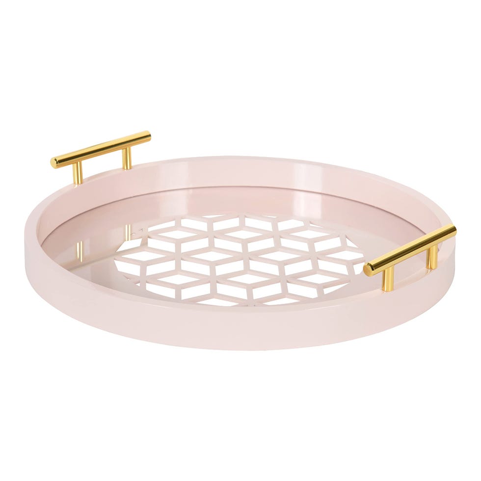 Decorative Round Tray with Cut Out Patterned Center and Gold Metal Handles, Pink