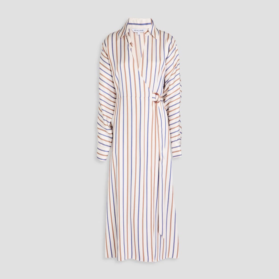 Noor Striped Satin-Twill Midi Wrap Dress