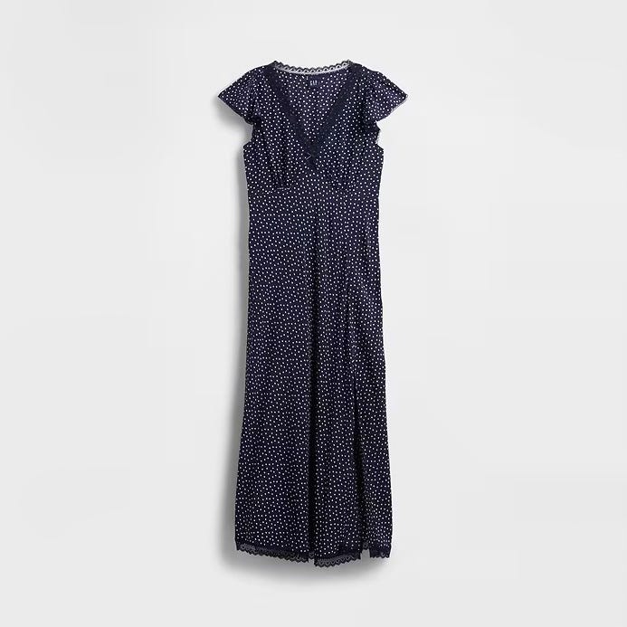 Lace-Trim V-Neck Crepe Maxi Dress