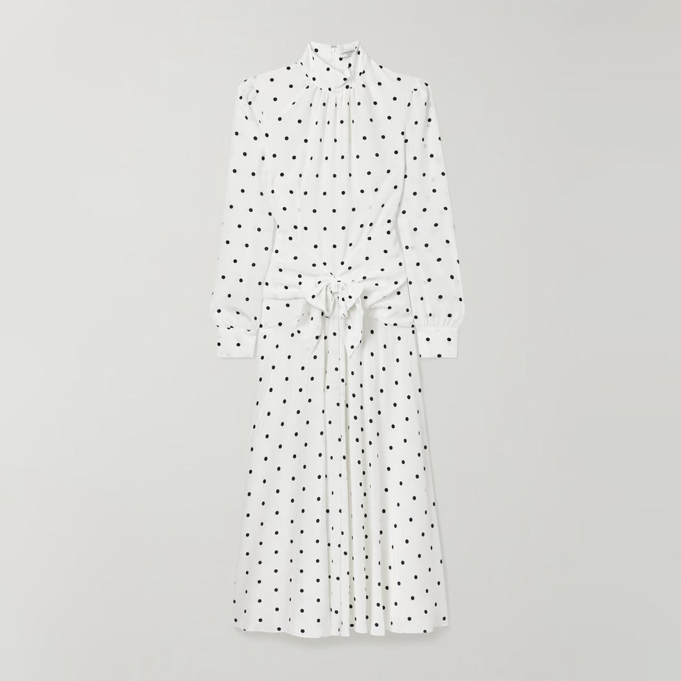 Bow-Embellished Gathered Polka-Dot Silk-Georgette Midi Dress