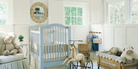 Antique Childrens Furniture - Antique Playroom Custom chair and crib bumper in Jane Shelton ticking. Other bedding in linen by Ralph - Antique Childrens Furniture - Antique Playroom