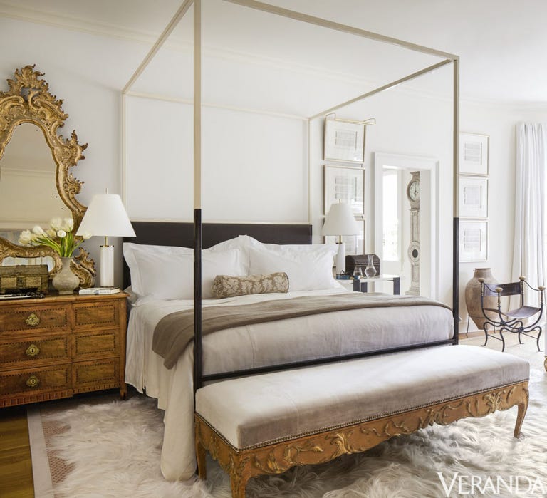 Timeless French Decorating Ideas {Tara Shaw}. Bed and mirror, Tara Shaw Maison; 18th-century Swedish bench in a Kravet velvet.