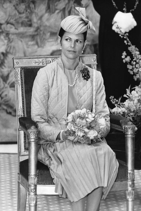 PARIS, FRANCE - JUNE 16: Queen Silvia of Sweden sits in the Salon d Honneur at Orly Airport during the welcome speech on June 16, 1980 in Paris, France.