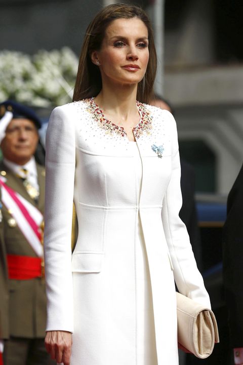 MADRID, SPAIN - JUNE 19: Queen Letizia of Spain arrives at the Congress of Deputies prior to the King's official coronation ceremony on June 19, 2014 in Madrid, Spain. The coronation of King Felipe VI is held in Madrid. His father, the former King Juan Carlos of Spain abdicated on June 2nd after a 39 year reign. The new King is joined by his wife Queen Letizia of Spain.  (Photo by Sergio Barrenechea - Pool Getty Images)