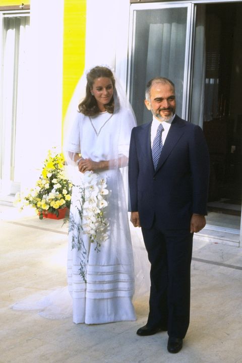 Jordan's King Hussein standing with new bride Lisa Halaby at the royal palace.  (Photo by Sahm Doherty/The LIFE Images Collection/Getty Images)