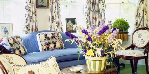 Room, Interior design, Textile, Furniture, Purple, Flower, Table, Living room, Interior design, Couch, 