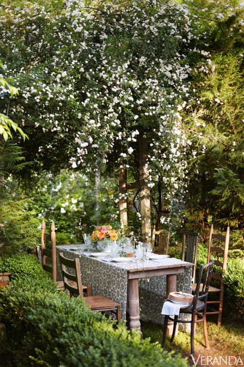 Furniture, Table, Shrub, Garden, Outdoor table, Outdoor furniture, Chair, Backyard, Yard, Patio, 