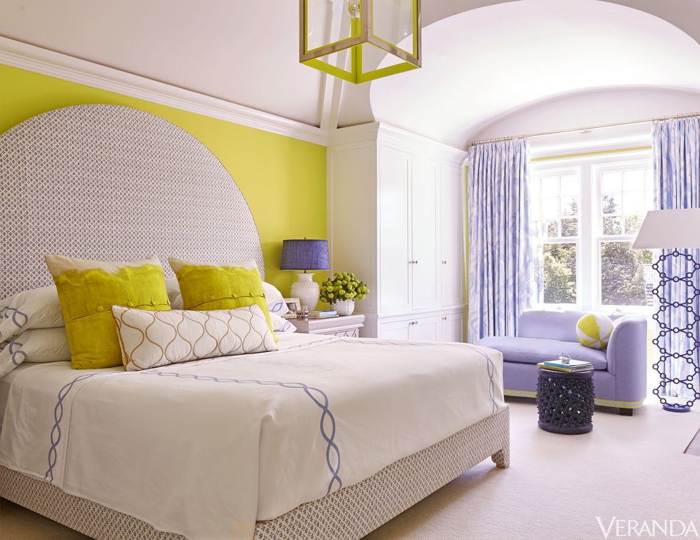 Room, Yellow, Interior design, Green, Property, Bedding, Bed, Textile, Wall, Bedroom, 