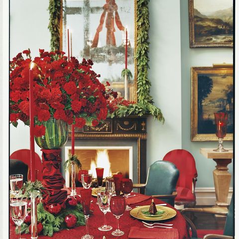 red, room, dining room, decoration, interior design, christmas decoration, table, furniture, floral design, centrepiece,