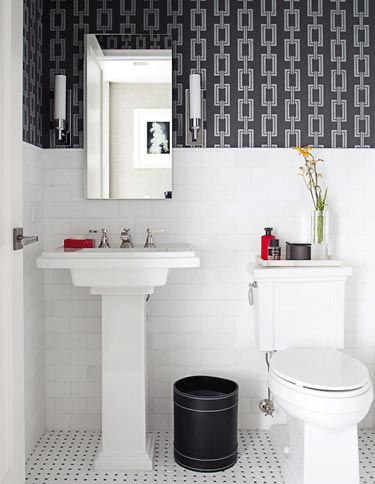 the
powder room, designed by s russell groves, 
showcases
michael s smith
basketweave
mosaic on the
floor and white
thassos marble
on the walls, both
by ann sacks