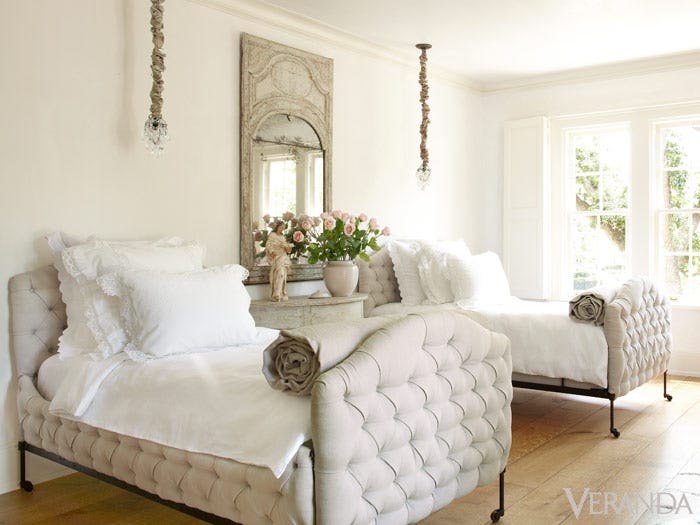White Interior Design Ideas: French Country bedroom with twin tufted upholstered beds in Pamela Pierce French Country Home. #bedroomdecor #interiordesignideas #tufted #FrenchCountry