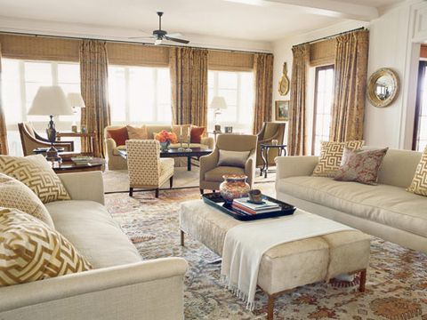 <a href="http://www.rosetarlow.com" target="_blank">Rose Tarlow-Melrose House</a> sofas and chair in <a href="http://www.nobilis.fr" target="_blank">Nobilis</a> fabrics facing <a href="http://www.plantationdesign.com" target="_blank">Plantation</a> ottoman. Pillows in <a href="http://www.clarencehouse.com" target="_blank">Clarence House</a> and antique <a href="http://www.fortuny.com" target="_blank">Fortuny</a> fabrics. Draperies in Clarence House linen. <a href="http://www.victoriahagan.com" target="_blank">Victoria Hagan</a> slipper chair in Oscar de la Renta fabric for <a href="http://www.starkfabric.com/fonthill" target="_blank">Fonthill</a>. Antique mirror.