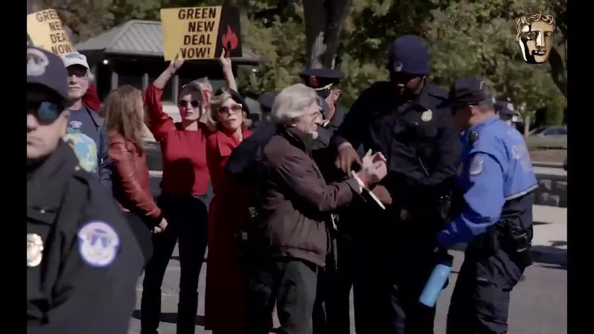 preview for Jane Fonda accepts BAFTA award while being arrested
