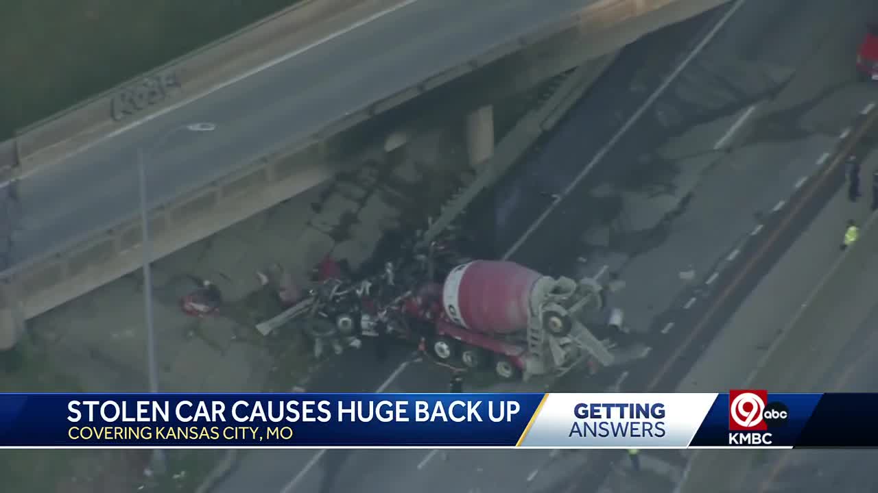 Kansas City police say stolen car causes fiery cement truck crash