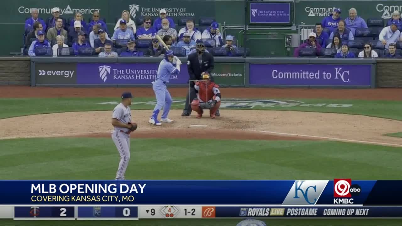 Kansas City Royals' Matt Beaty runs to first base after hitting a